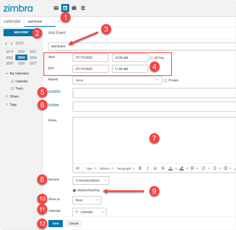 ตารางนัดหมาย Zimbra